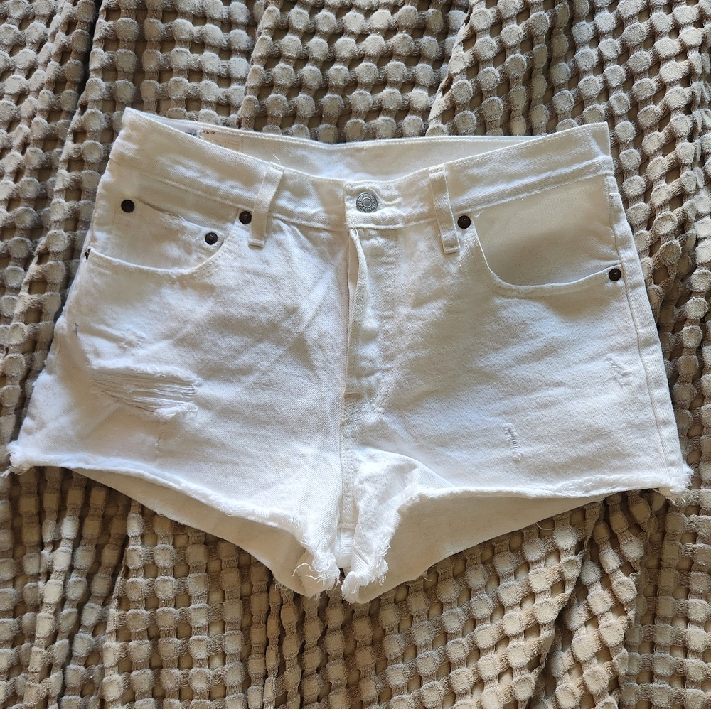 Levi's 501 Mid-Rise White Distressed Denim Shorts
